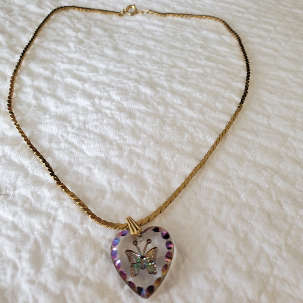 Vintage Glass Butterfly Pendant On A Gold Toned Heirloom Necklace